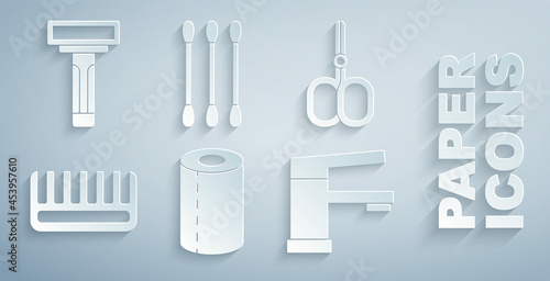 Set Paper towel roll, Nail scissors, Hairbrush, Water tap, Cotton swab for ears and Shaving razor icon. Vector