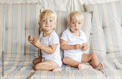 Obraz na plátně Two innocent babies are enjoying cookies