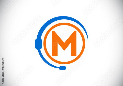 Initial M monogram letter alphabet and support service with headphones. Headphone logo. Hotline customer advice, call center help. Modern vector logo for business and company identity.