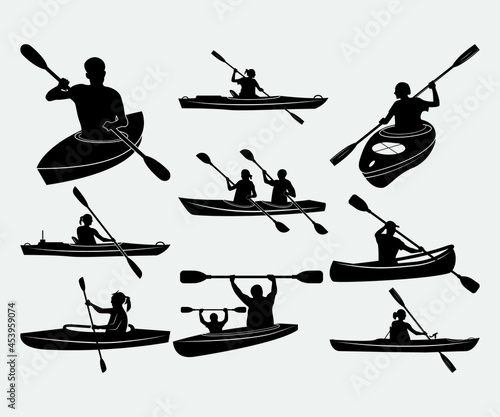 Kayak Boat & Man Printable Vector Illustration. Set of silhouettes of people swimming in a canoe.