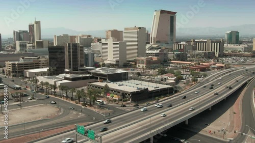 Aerial: Las Vegas freeway and city skyline, Nevada, USA
