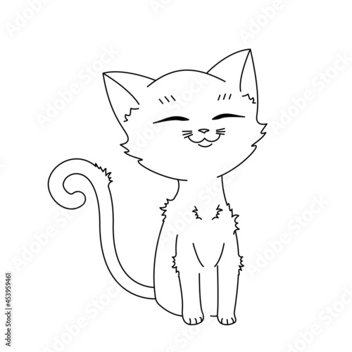 Biały uroczy kot. Zadowolony mały kotek. Uśmiechnięte słodkie zwierzątko. Szczęśliwy siedzący kociak. Ręcznie rysowana ilustracja jako logo, emoji, emotikona, naklejka, element do projektów.