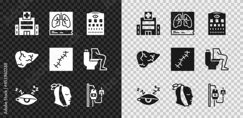 Set Medical hospital building, Lungs x-ray, Eye test chart, Insomnia, Toothache, IV bag, Hepatitis virus and Scar with suture icon. Vector