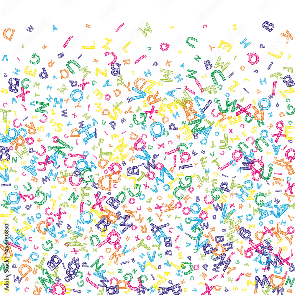 Falling letters of English language. Colorful messy sketch flying words of Latin alphabet. Foreign languages study concept. Fancy back to school banner on white background. Falling letters of English language. Colorful messy sketch flying words of Latin alphabet. Foreign languages study concept. Fancy back to school banner on white background.