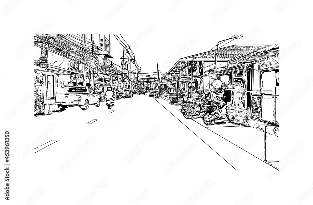 Building view with landmark of Hat Yai is the 
city in Thailand. Hand drawn sketch illustration in vector.
