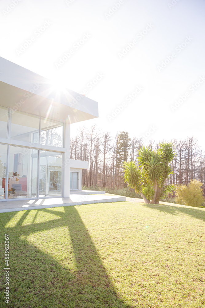 Naklejka premium Modern building overlooking manicured lawn