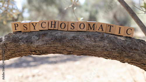The word Psychosomatic was created from wooden cubes. Photographed on the wall. photo