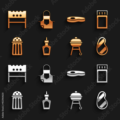 Set Sauce bottle, Matchbox and matches, Steak meat, Barbecue grill, Salt, BBQ brazier and Kitchen apron icon. Vector