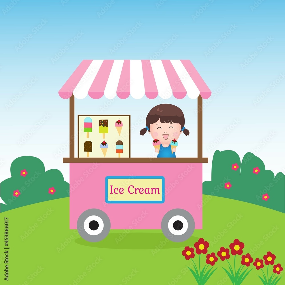 Naklejka premium Cute Girl Sell Ice Cream on Cart Shop