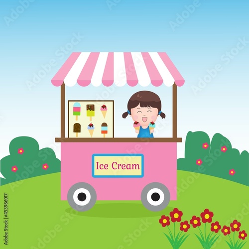 Cute Girl Sell Ice Cream on Cart Shop