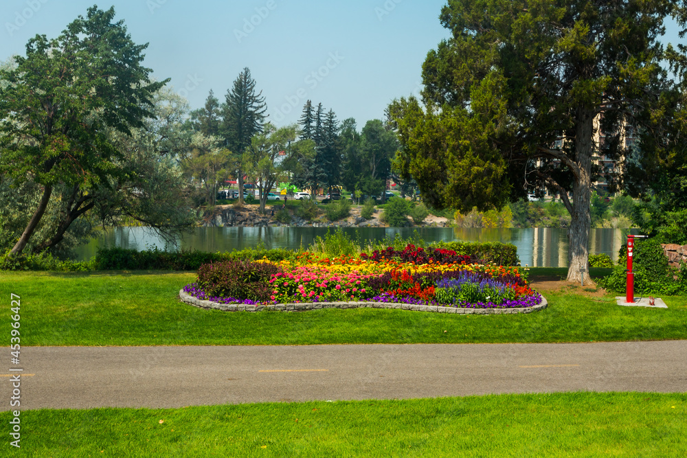 Idaho Falls City park flower beds in summer