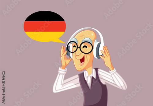 Senior Man Wearing Headphones Learning German Language