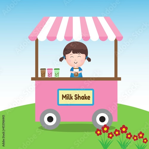 Cute Girl Sell Milk Shake Illustration Vector