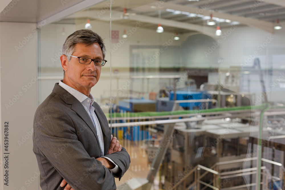 Businessman standing by window in factory Businessman standing by window in factory