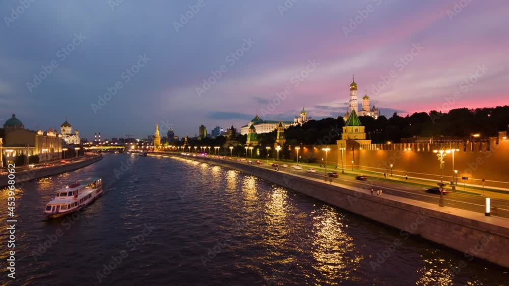 Urban landscape time lapse of Kremlin and Moscow river with ships at sunset. . High quality 4k footage Urban landscape time lapse of Kremlin and Moscow river with ships at sunset. . High quality 4k footage