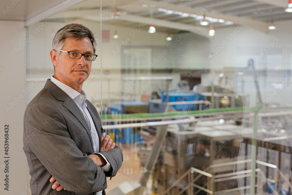 Businessman standing by window in factory