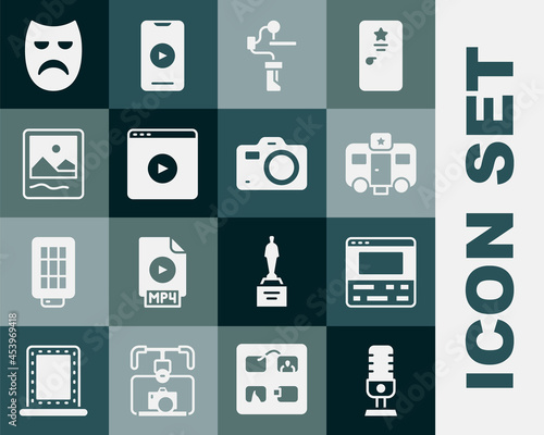 Set Microphone, Video recorder laptop, Actor trailer, Gimbal stabilizer for camera, Online play video, Photo frame, Drama theatrical mask and icon. Vector