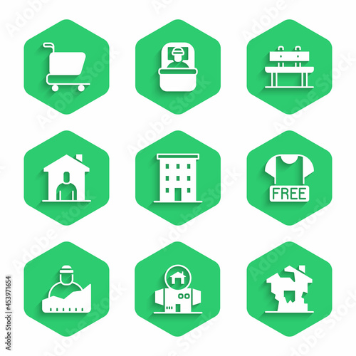Set Multi storey building, Homeless cardboard house, Ruined, Clothes donation, Growth of homeless, Shelter for, Bench and Shopping cart icon. Vector