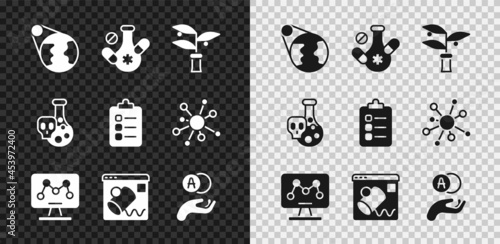 Set Earth globe, Medicine pill, Plant breeding, Genetic engineering, Data visualisation, Atom, Test tube with toxic liquid and To do list or planning icon. Vector