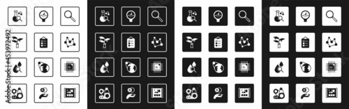 Set Magnifying glass, To do list or planning, Plant breeding, Test tube, Chemical formula, Gauge scale, Processor CPU and Drop and magnifying icon. Vector