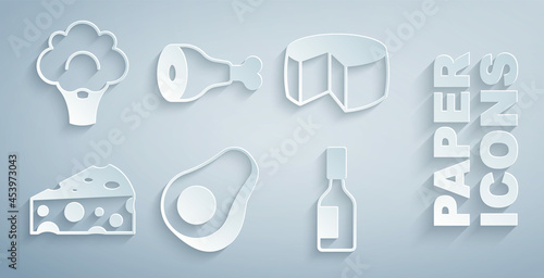 Set Avocado fruit, Cheese, Tabasco sauce, Chicken leg and Broccoli icon. Vector