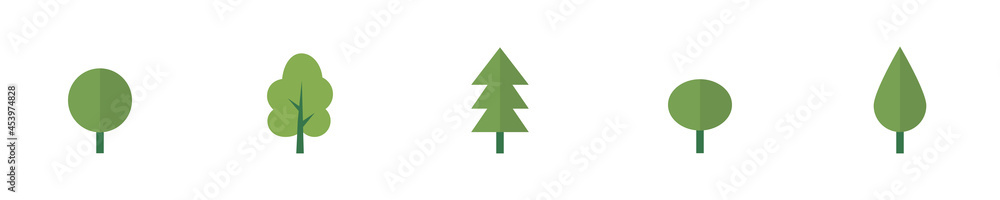 Conjunto de árboles verdes, de diferentes diseños. Concepto de decoración. Ilustración vectorial Conjunto de árboles verdes, de diferentes diseños. Concepto de decoración. Ilustración vectorial