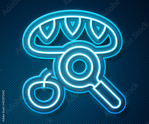 Glowing neon line Searching for food icon isolated on blue background. Homelessness and poverty concept. Vector