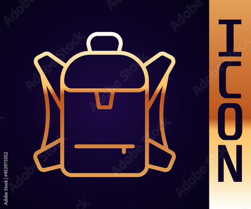 Gold line Hiking backpack icon isolated on black background. Camping and mountain exploring backpack. Vector