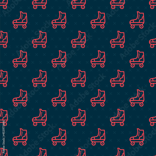 Red line Roller skate icon isolated seamless pattern on black background. Vector