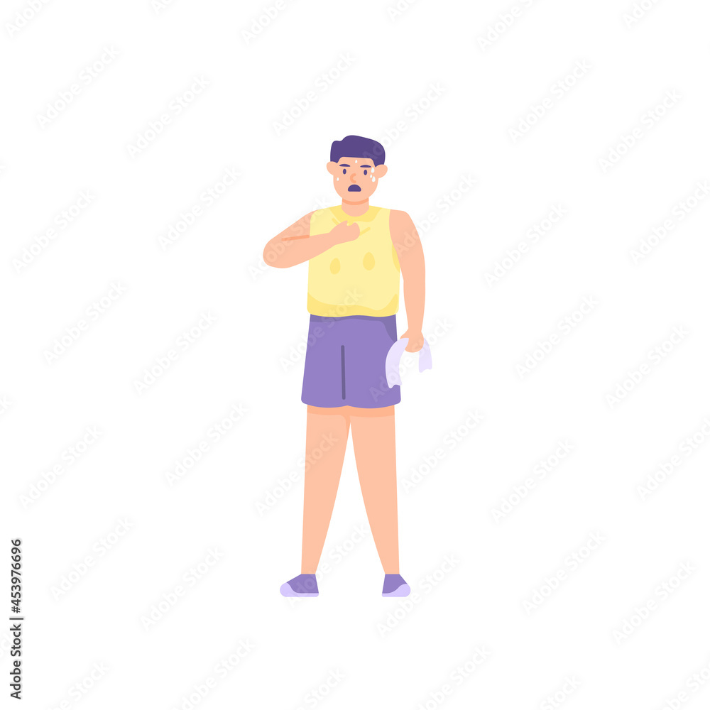 illustration of a man shaking off his shirt because it's hot and sweaty. tired and hot. tired from exercising. after thirst activity. cooling the body. flat cartoon style. vector design