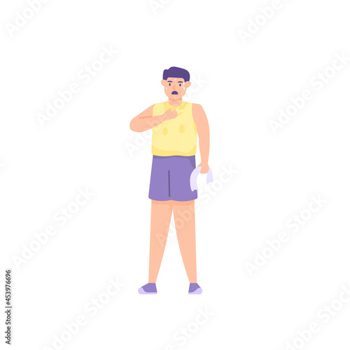 illustration of a man shaking off his shirt because it's hot and sweaty. tired and hot. tired from exercising. after thirst activity. cooling the body. flat cartoon style. vector design