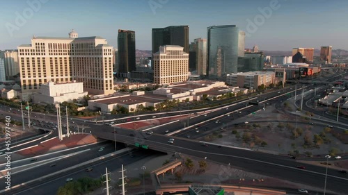Aerial: Las Vegas city skyline and Las Vegas freeway, Nevada, USA