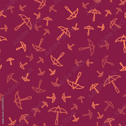 Brown line Sun protective umbrella for beach icon isolated seamless pattern on red background. Large parasol for outdoor space. Beach umbrella. Vector