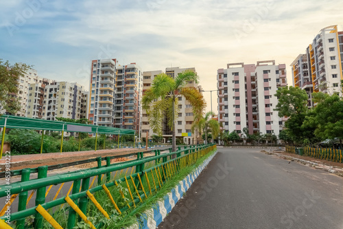 Residential apartment buildings with view of city road at Rajarhat area at Kolkata, India