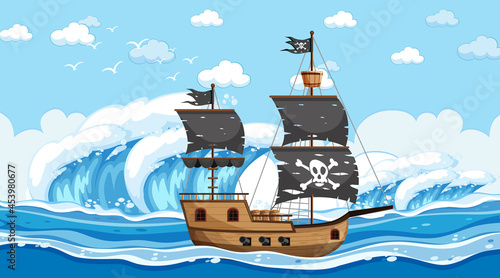 Ocean with Pirate ship at day time scene in cartoon style
