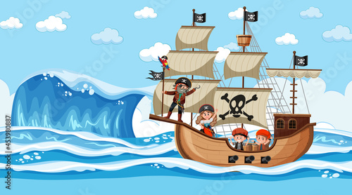 Beach with Pirate ship at daytime scene in cartoon style