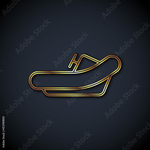 Gold line Rafting boat icon isolated on black background. Inflatable boat with paddles. Water sports, extreme sports, holiday, vacation. Vector