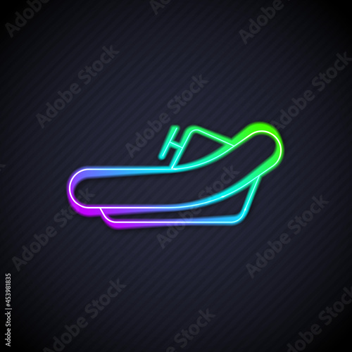 Glowing neon line Rafting boat icon isolated on black background. Inflatable boat with paddles. Water sports, extreme sports, holiday, vacation. Vector