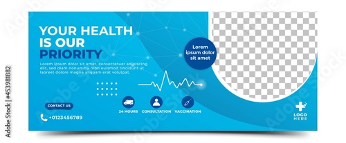 Medical health care horizontal banner cover header design. Modern banner with blue color background and place for the photo.
