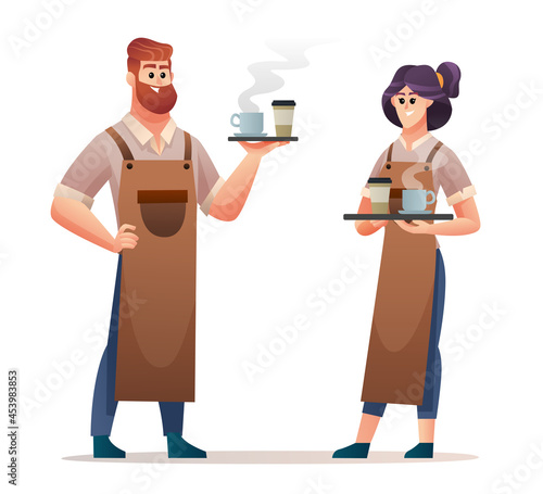 Male and female barista characters carrying coffee