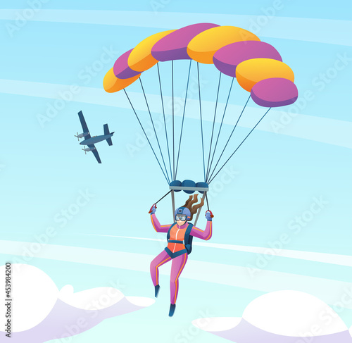 Female parachute skydiver with plane in the sky cartoon illustration