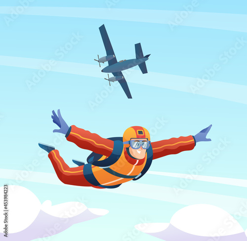 Skydiver jumps from the plane and skydiving in the sky illustration