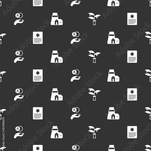 Set Plant breeding, Patient record, Atom and Power station plant on seamless pattern. Vector