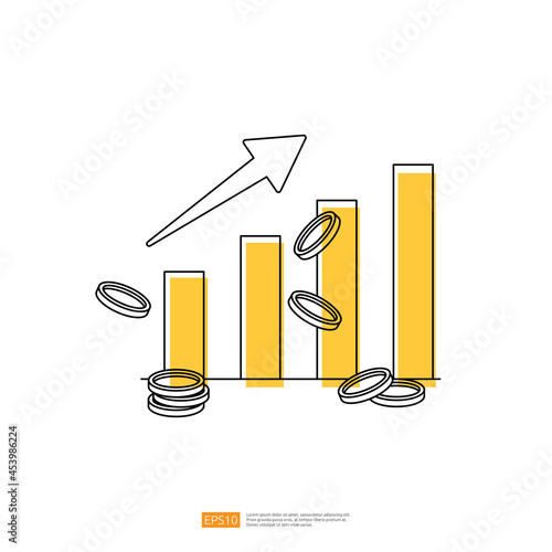 increase money growth with arrow up graph chart and dollar coin. outline line style vector illustration
