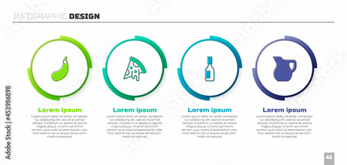 Set Eggplant, Slice of pizza, Tabasco sauce and Jug glass with milk. Business infographic template. Vector