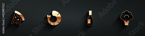 Set Slice of pizza, Shrimp, Tabasco sauce and Broccoli icon with long shadow. Vector