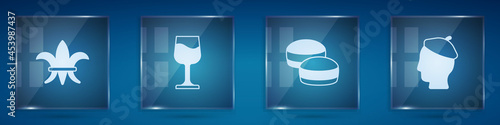 Set Fleur De Lys, Wine glass, Macaron cookie and French man. Square glass panels. Vector