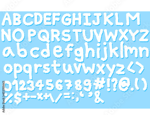 Set of letters.Hand drawn alphabet.English font and number.Clouds, ice and white air.Blue sky or winter concept.Cloudy.Sign, symbol, icon or logo isolated.Cartoon vector illustration.Flat design.