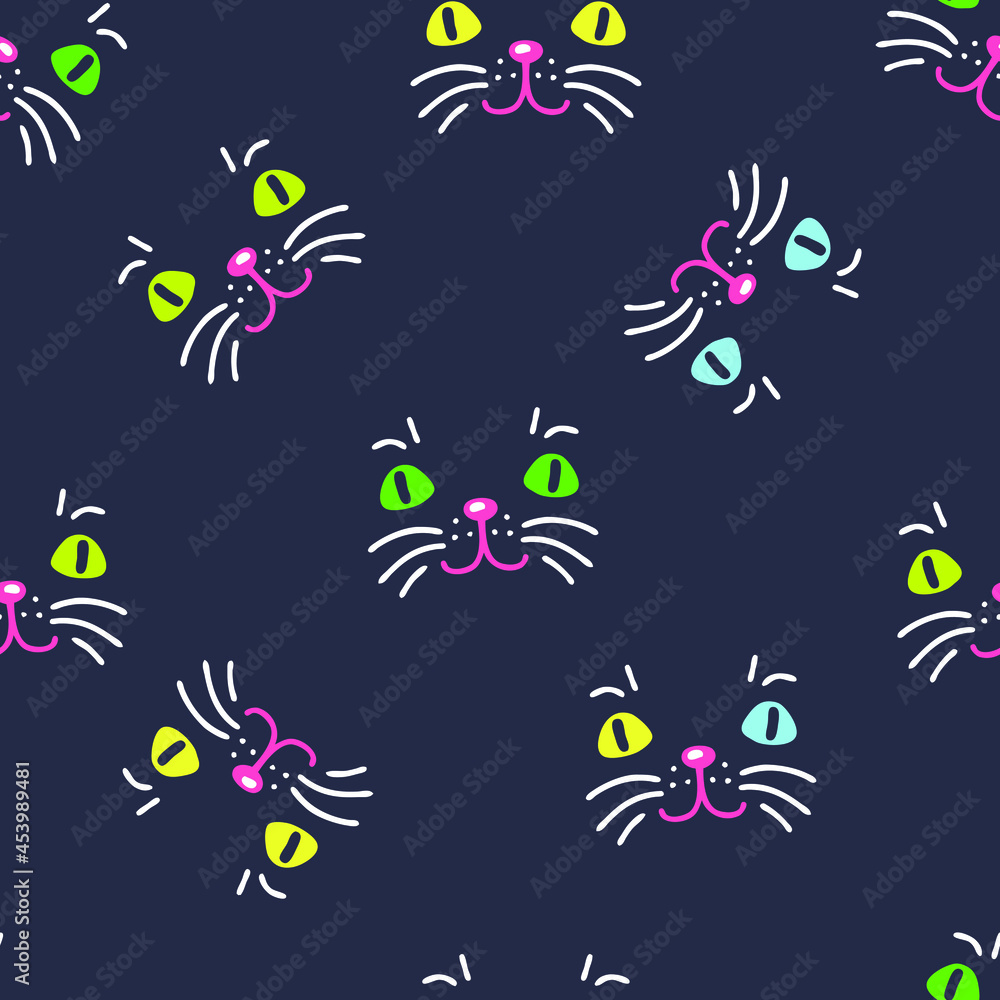 Night seamless pattern with cute cat muzzles. Perfect for T-shirt, textile and prints. Doodle vector illustration for decor and design.
