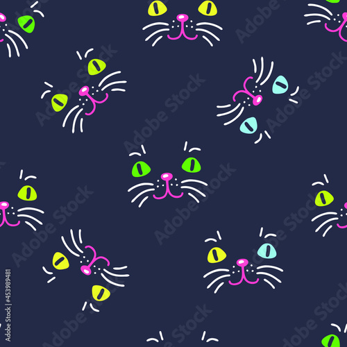 Night seamless pattern with cute cat muzzles. Perfect for T-shirt, textile and prints. Doodle vector illustration for decor and design. © Anna